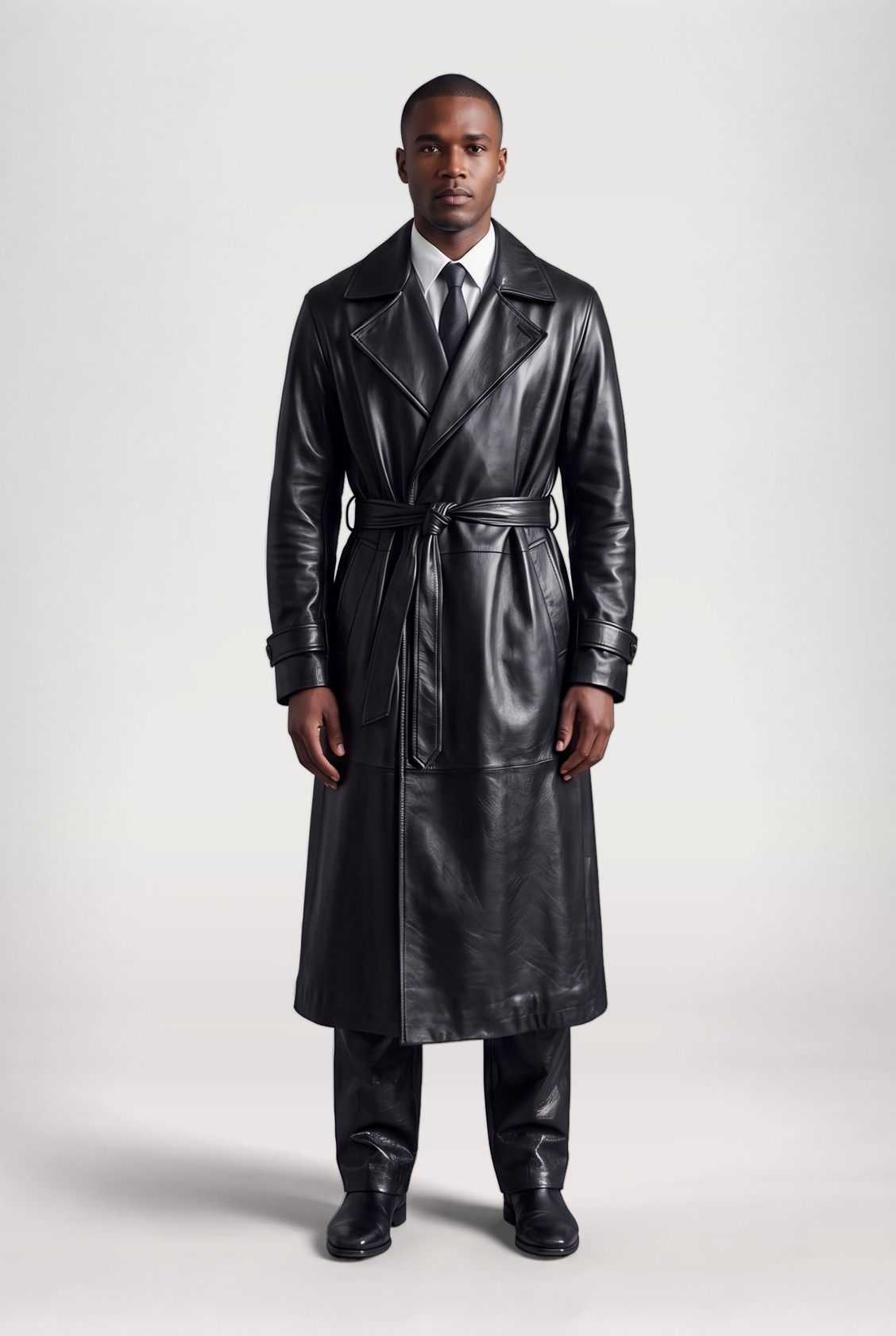 Man in a belted black leather trench coat over a suit, full figure studio shot
