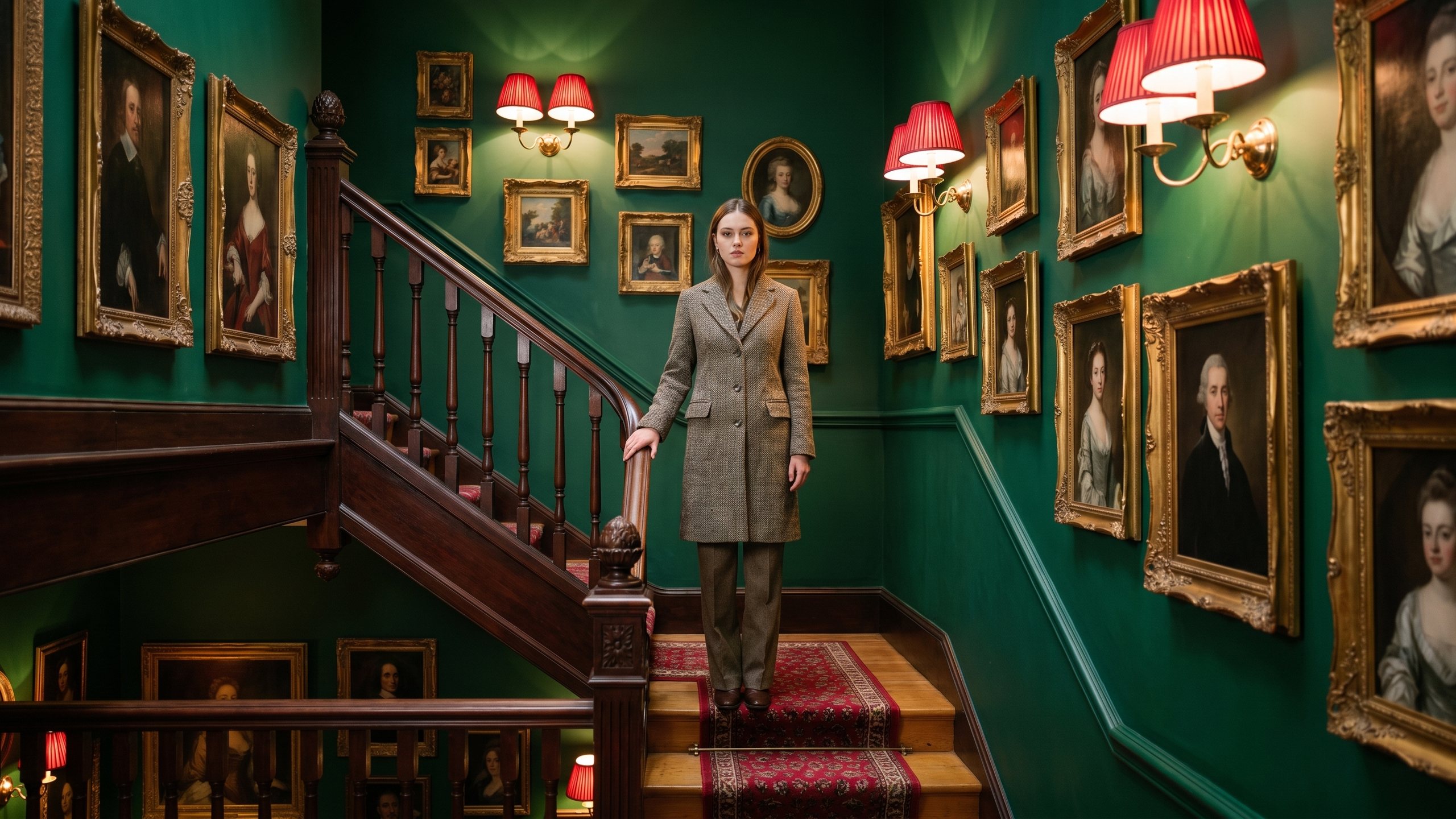 Woman in a tailored herringbone coat on the staircase of a green, portrait-lined room